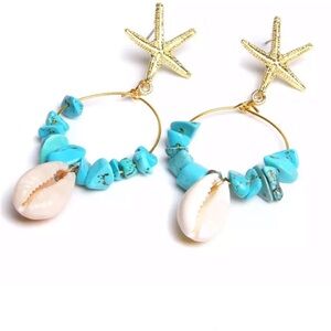 Gold Starfish Hoop Earrings with Turquoise Beads and White Shell